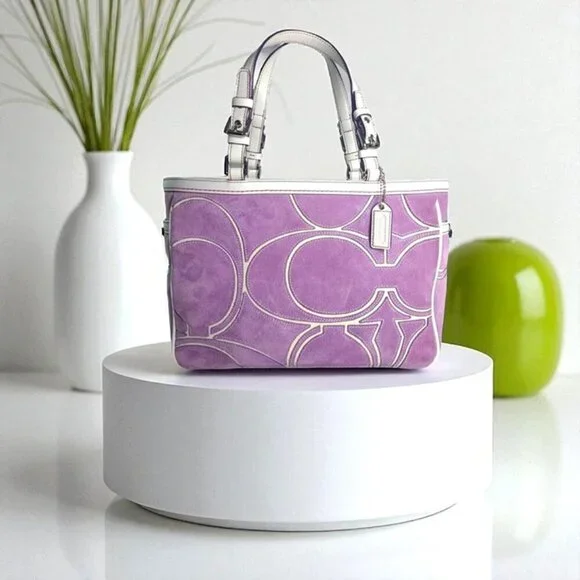 Vintage COACH Optic Signature Tote Handbag in purple Suede Y2K - Picture 1 of 11